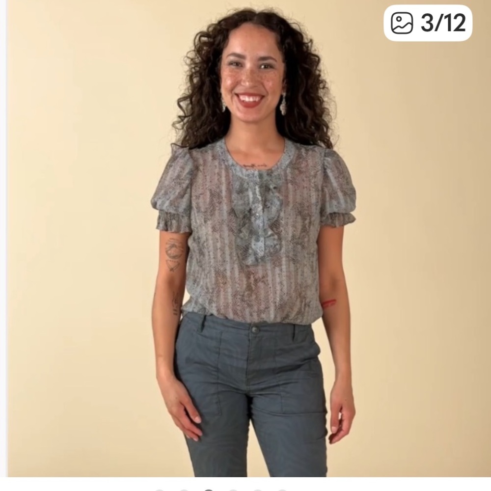 CAbi Gray and Blue Patterned Blouse